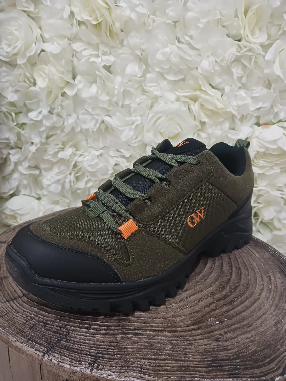 Men's Olive Green Trail Sneakers with Orange Accent